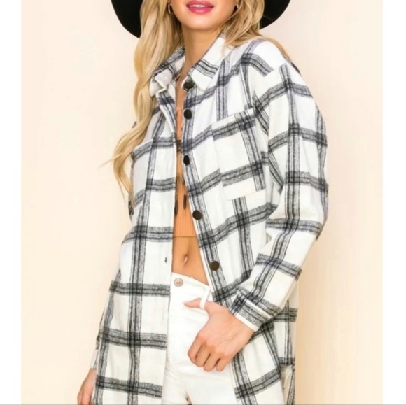BiBi Curved Hem Sequin Plaid Button Up Shacket